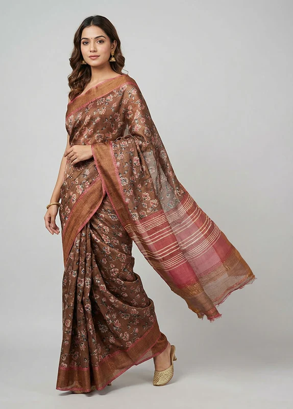Rust Handloom Tussar Silk Saree With Blouse Piece One Size