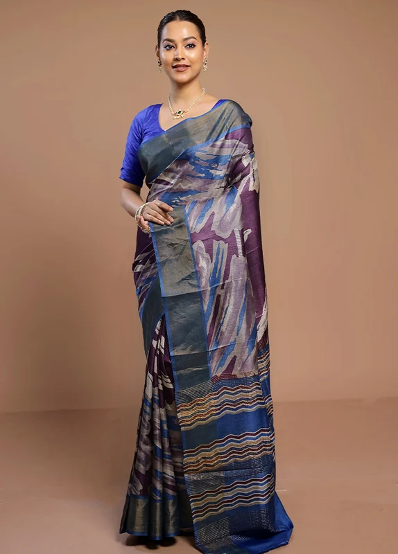 Multicolor Tussar Silk Saree With Blouse Piece Onesize