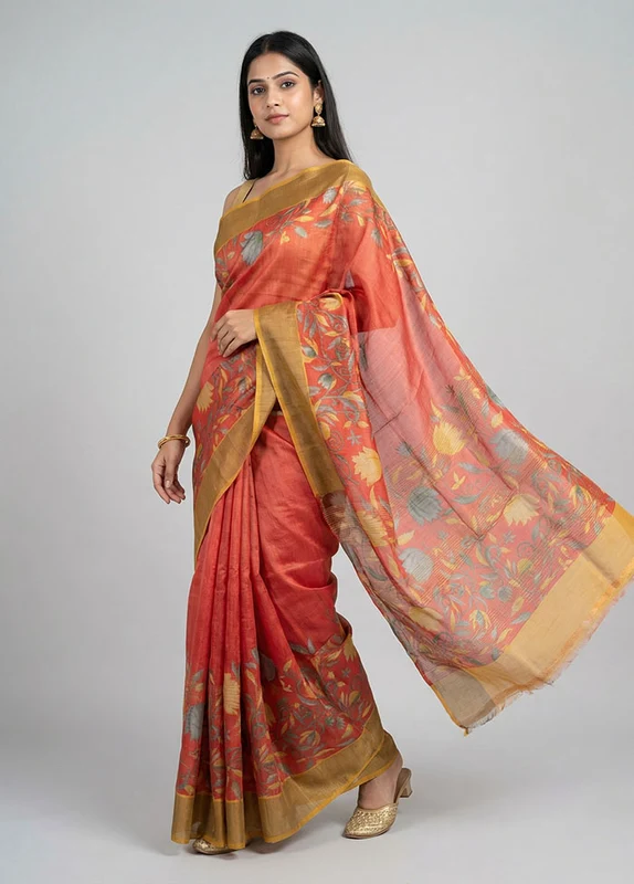 Red Handloom Tussar Silk Saree With Blouse Piece One Size