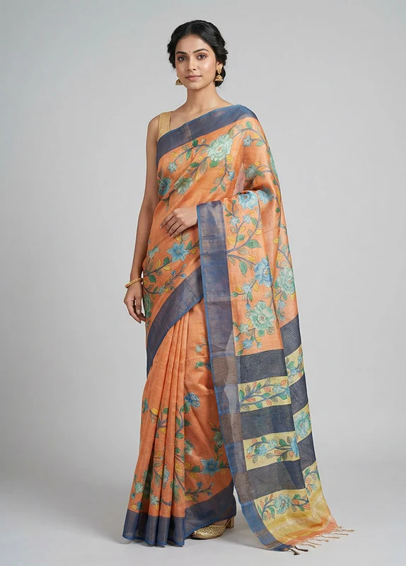 Peach Handloom Tussar Pure Silk Saree With Blouse Piece One Size