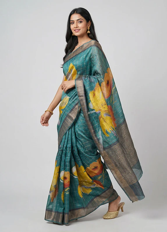 Green Handloom Tussar Pure Silk Saree With Blouse Piece One Size
