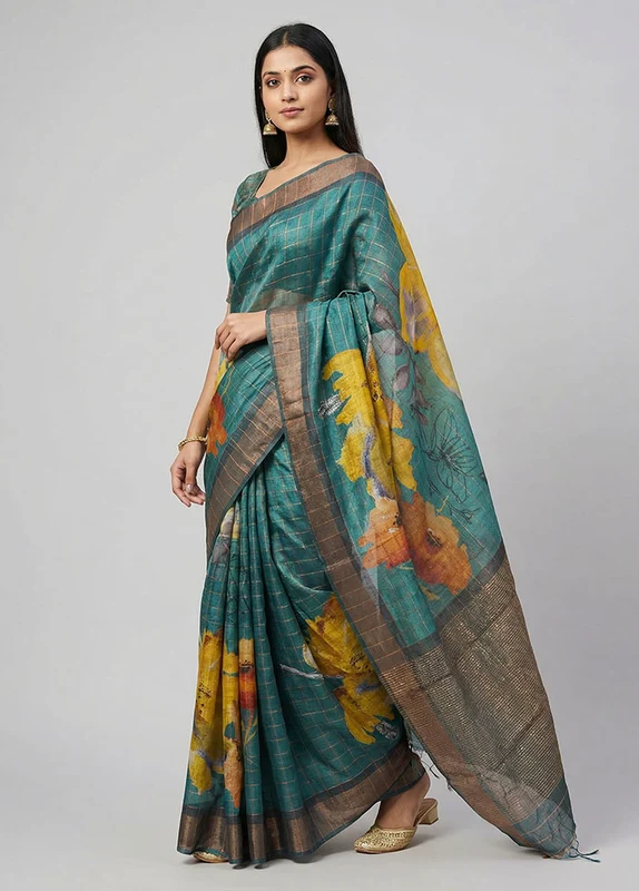 Green Handloom Tussar Pure Silk Saree With Blouse Piece One Size