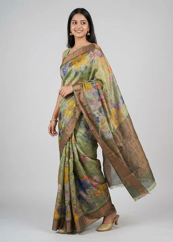 Green Handloom Tussar Pure Silk Saree With Blouse Piece One Size
