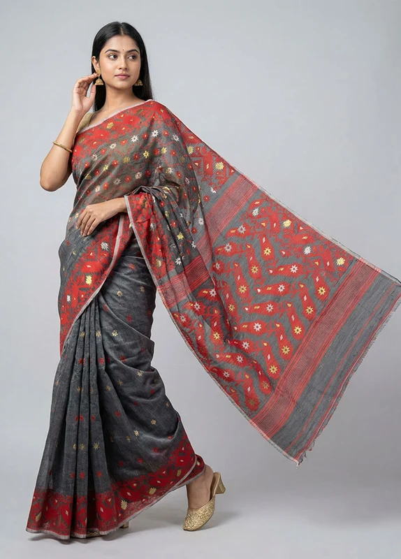 Black Jamdani Cotton Saree Without Blouse Piece One Size