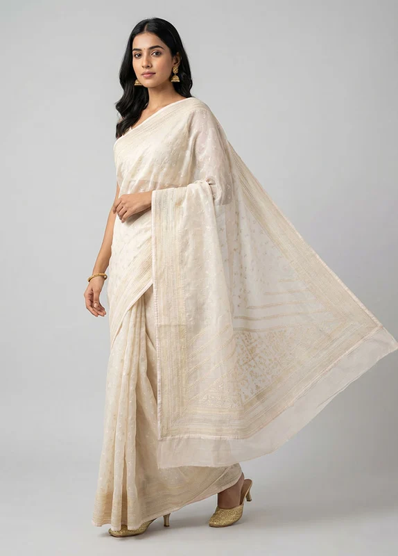 White Organza Saree With Blouse Piece One Size