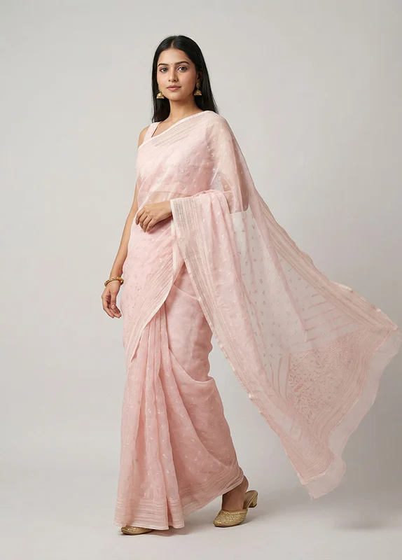 Pink Organza Saree With Blouse Piece One Size
