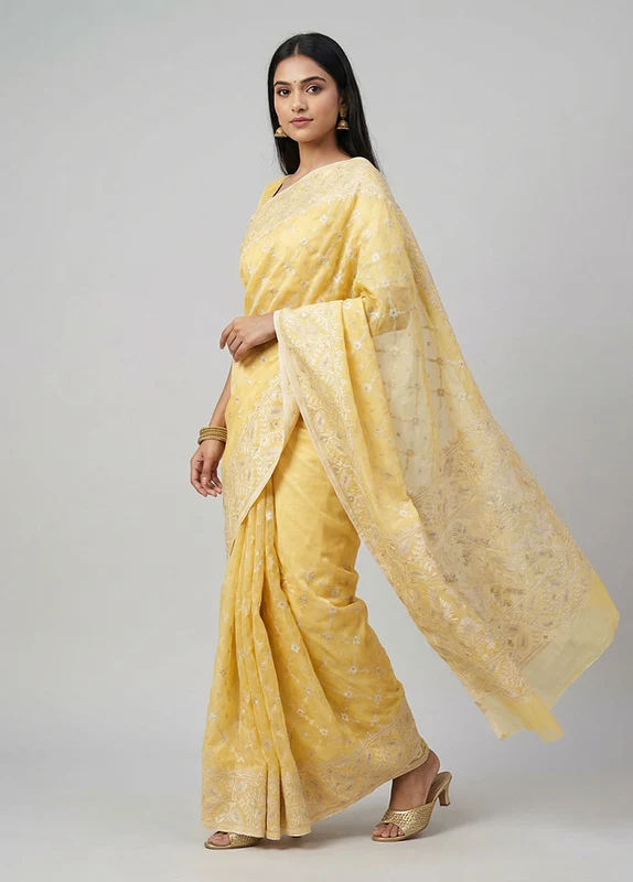 Yellow Organza Saree With Blouse Piece One Size