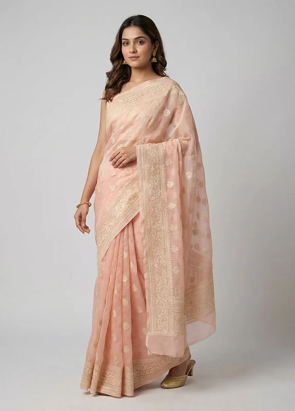 Pink Organza Saree With Blouse Piece One Size