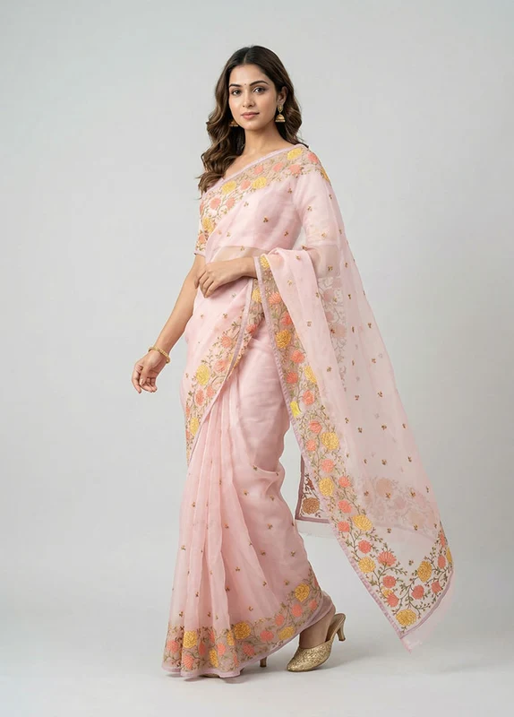 Pink Organza Saree With Blouse Piece One Size