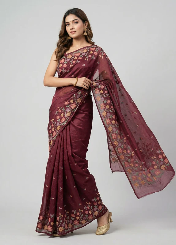 Green Organza Saree With Blouse Piece One Size
