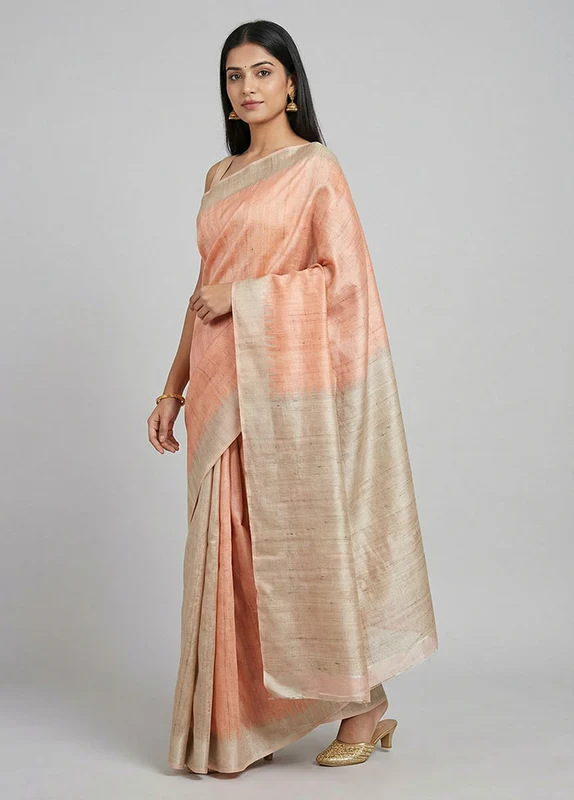Peach Tussar Silk Saree With Blouse Piece One Size