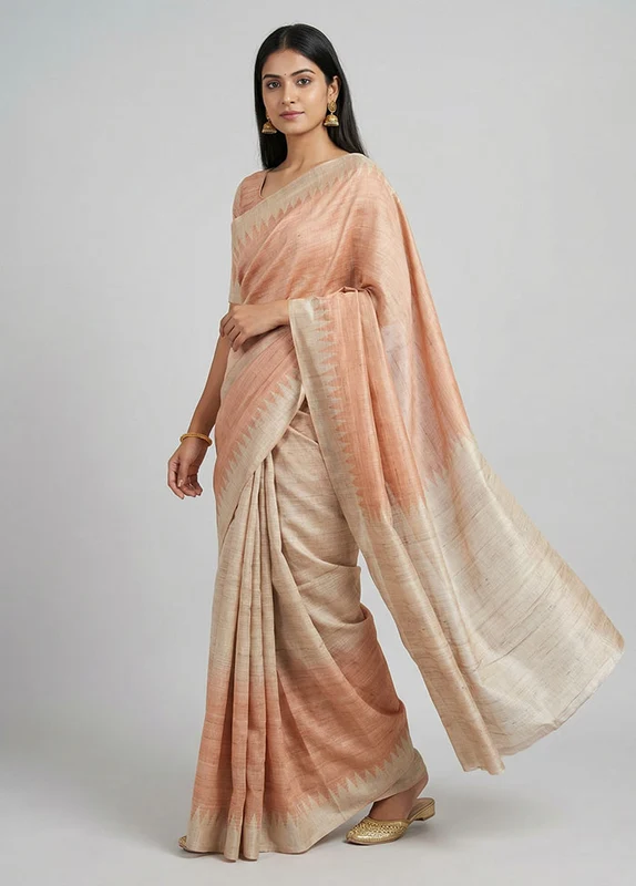 Cream Tussar Silk Saree With Blouse Piece One Size