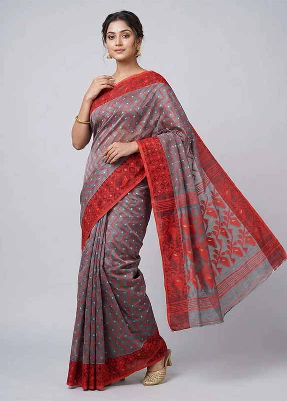Grey Jamdani Cotton Saree Without Blouse Piece One Size