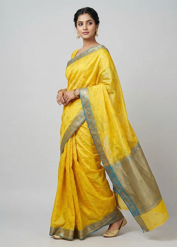 Yellow Jamdani Cotton Saree Without Blouse Piece One Size