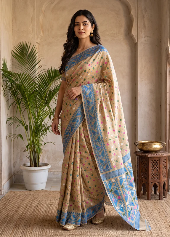 Cream Jamdani Cotton Saree Without Blouse Piece One Size