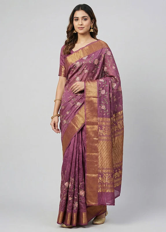 Purple Handloom Dupion Pure Silk Saree With Blouse Piece One Size