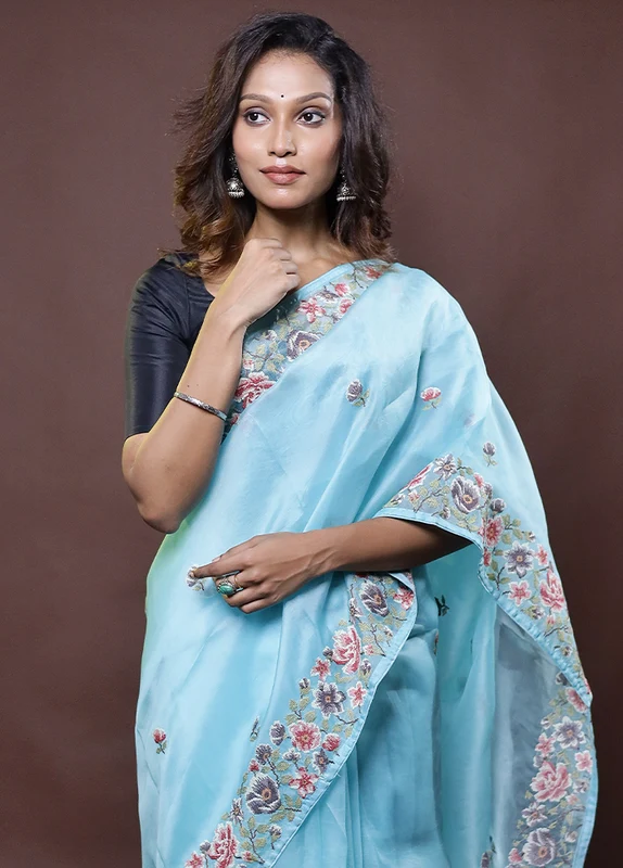 Blue Handloom Pure Organza Saree With Blouse Piece Onesize