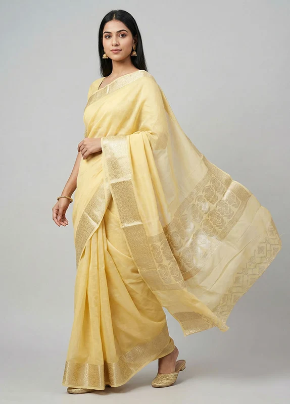 Yellow Handloom Dupion Pure Silk Saree With Blouse Piece One Size