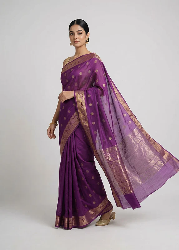 Purple Handloom Dupion Pure Silk Saree With Blouse Piece One Size