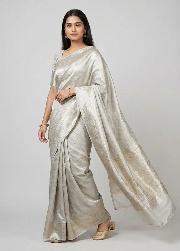 Grey Handloom Dupion Silk Saree With Blouse Piece One Size