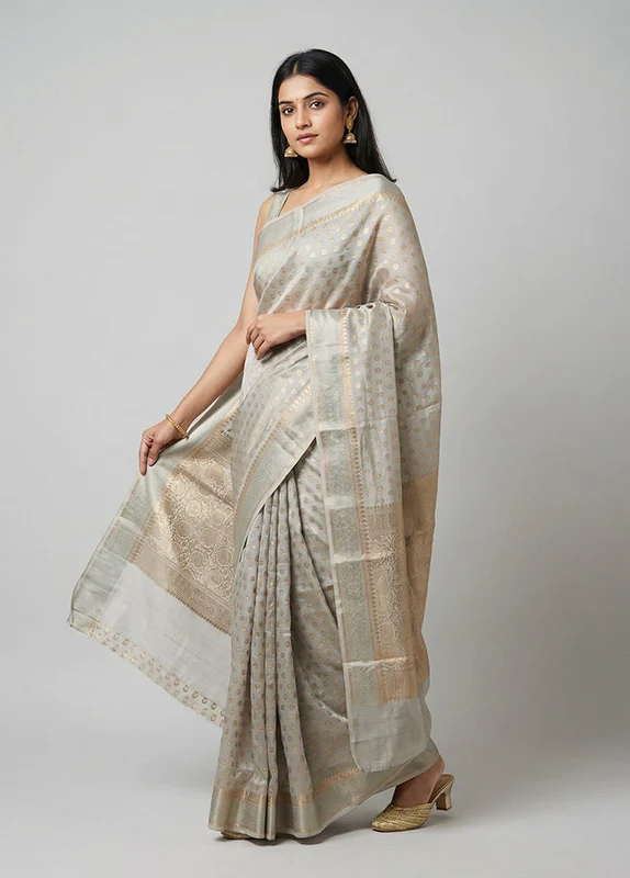 Grey Handloom Dupion Silk Saree With Blouse Piece One Size