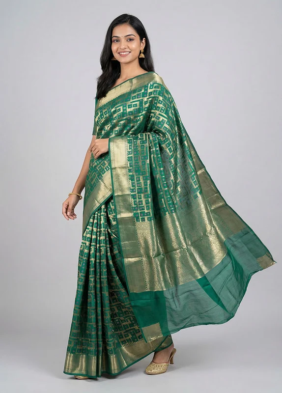 Green Handloom Dupion Pure Silk Saree With Blouse Piece One Size