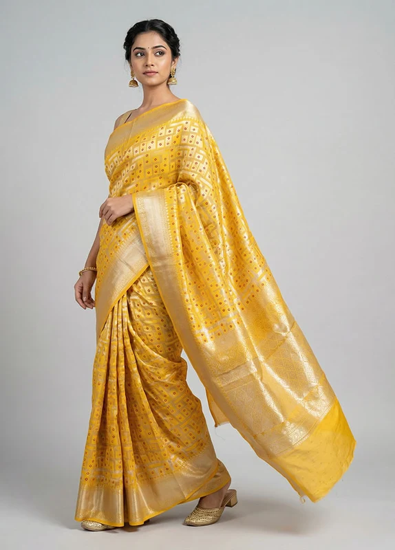 Yellow Handloom Dupion Pure Silk Saree With Blouse Piece One Size