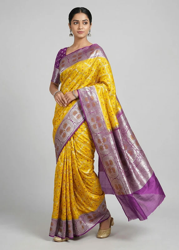 Yellow Handloom Dupion Pure Silk Saree With Blouse Piece One Size