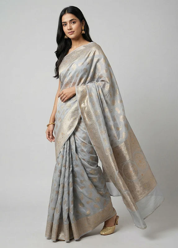 Grey Handloom Dupion Pure Silk Saree With Blouse Piece One Size