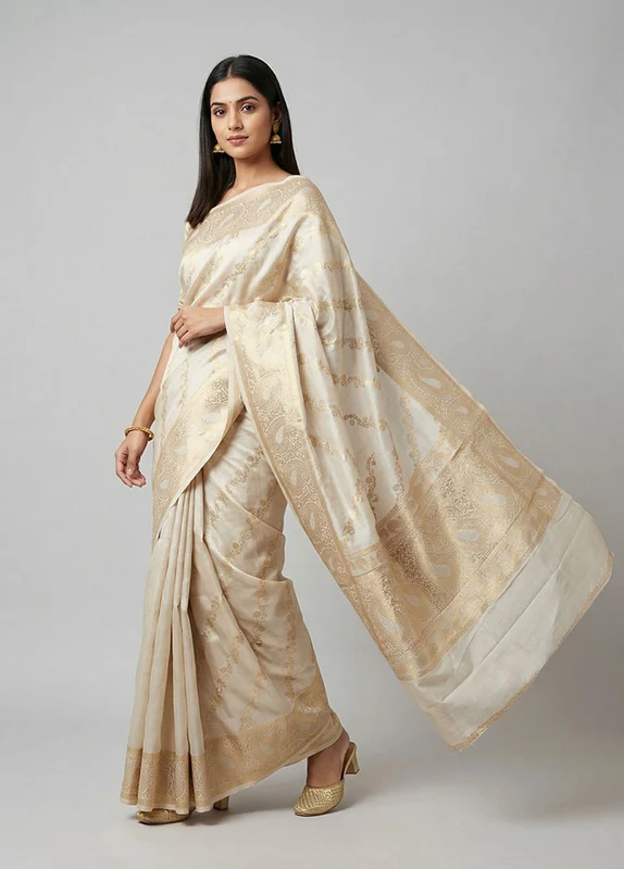 White Handloom Dupion Pure Silk Saree With Blouse Piece One Size