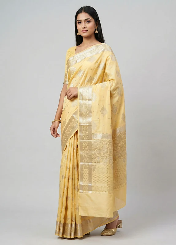 Yellow Handloom Dupion Pure Silk Saree With Blouse Piece One Size