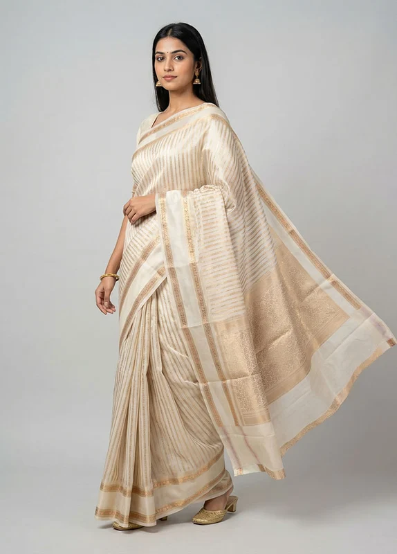 White Handloom Dupion Pure Silk Saree With Blouse Piece One Size