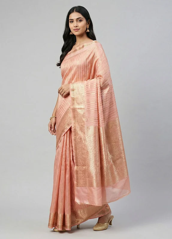 Pink Handloom Dupion Pure Silk Saree With Blouse Piece One Size