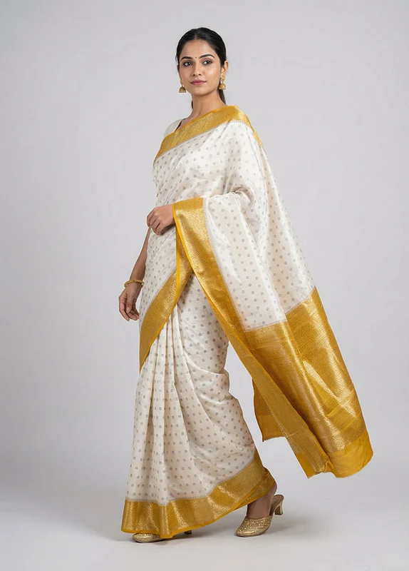 White Handloom Dupion Pure Silk Saree With Blouse Piece One Size
