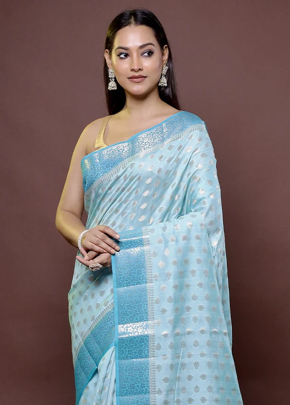 Blue Handloom Dupion Pure Silk Saree With Blouse Piece Onesize