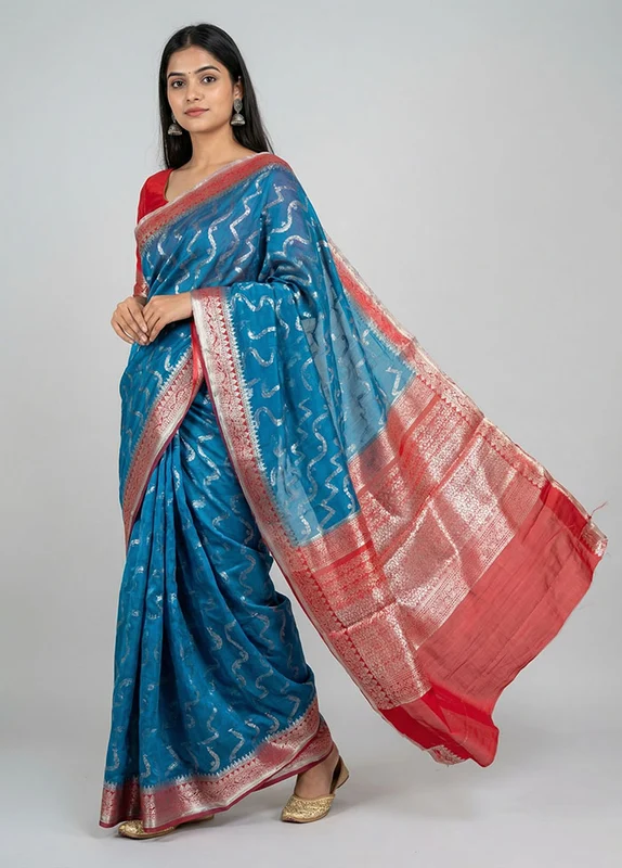 Blue Handloom Dupion Pure Silk Saree With Blouse Piece One Size