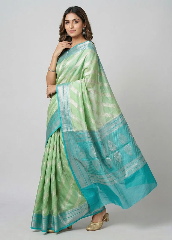 Green Handloom Dupion Pure Silk Saree With Blouse Piece One Size