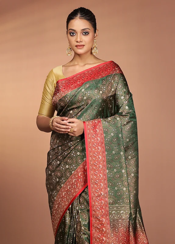 Green Handloom Jamewar Pure Silk Saree With Blouse Piece One Size