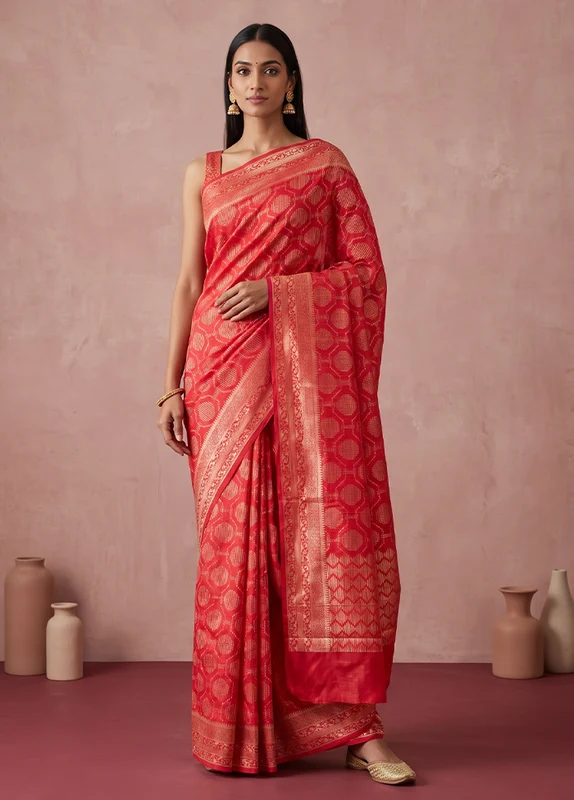 Red Dupion Silk Saree With Blouse Piece One Size