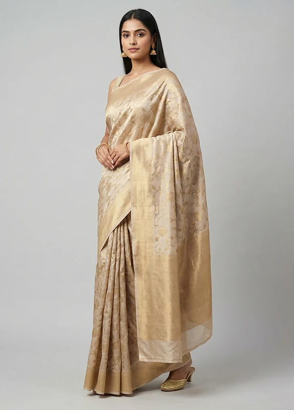 Cream Tissue Silk Saree With Blouse Piece One Size