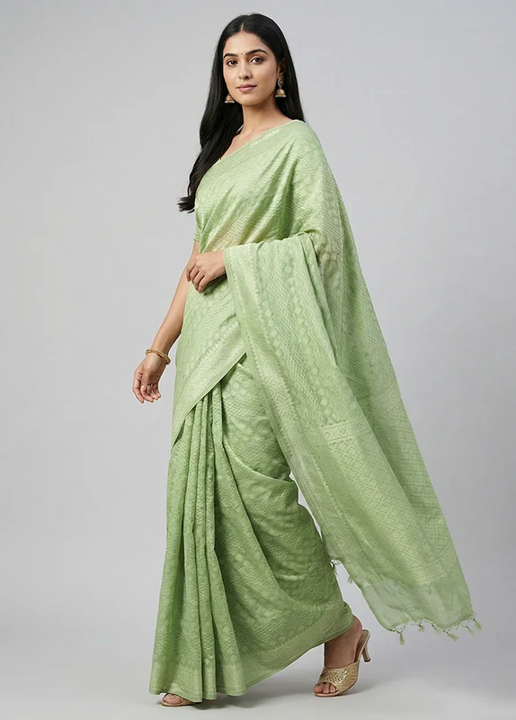 Green Pure Cotton Saree With Blouse Piece One Size