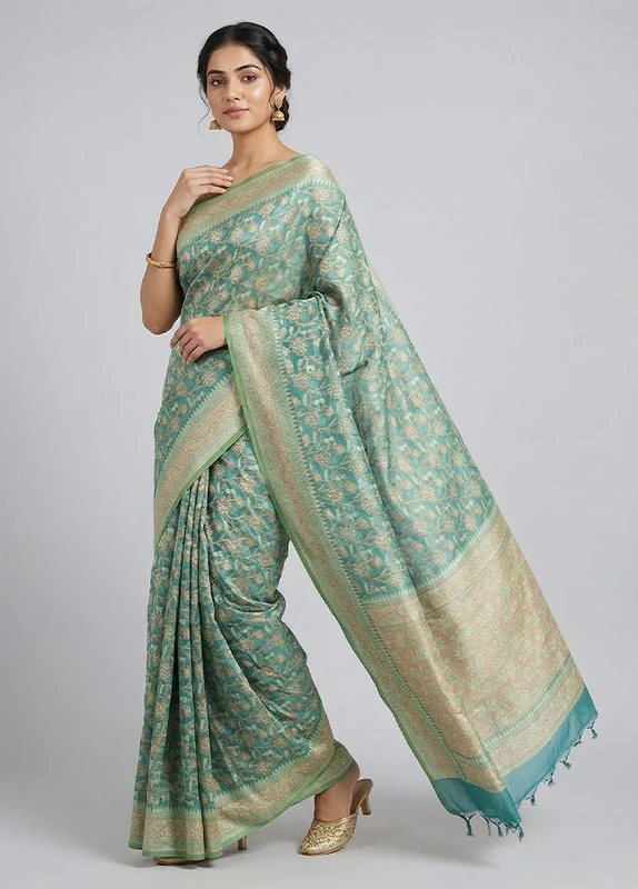 Green Kora Silk Saree With Blouse Piece One Size