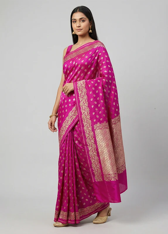 Pink Dupion Silk Saree With Blouse Piece One Size