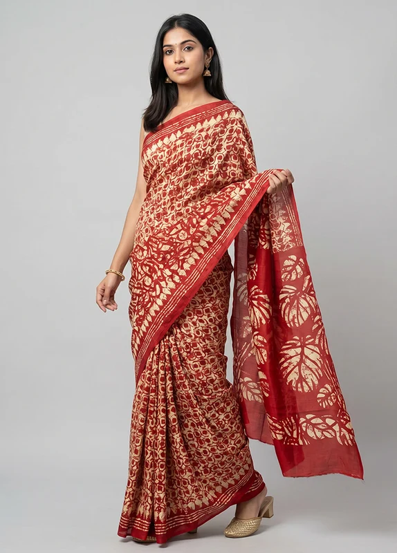 Red Printed Silk Saree Without Blouse Piece One Size