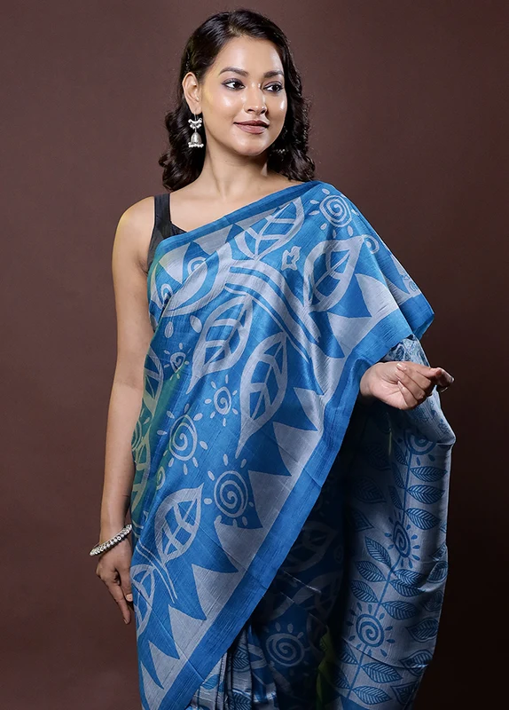 Blue Printed Pure Silk Saree Without Blouse Piece Onesize