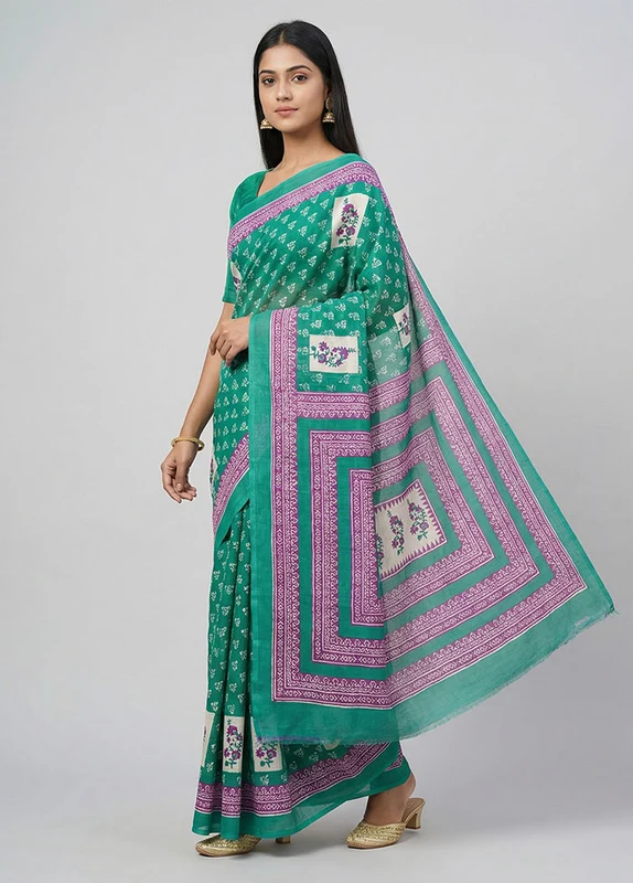Green Printed Silk Saree Without Blouse Piece One Size
