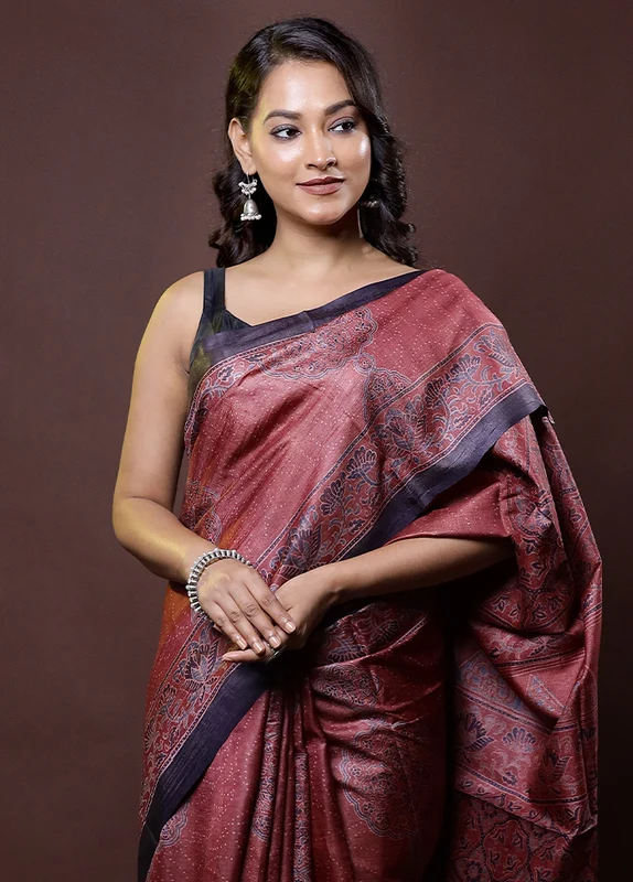 Pink Handloom Tussar Pure Silk Saree With Blouse Piece Onesize