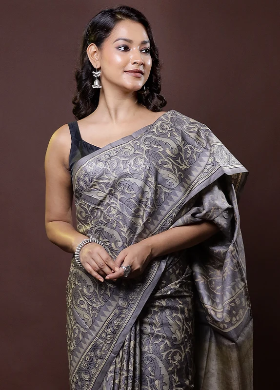 Cream Handloom Tussar Pure Silk Saree With Blouse Piece Onesize