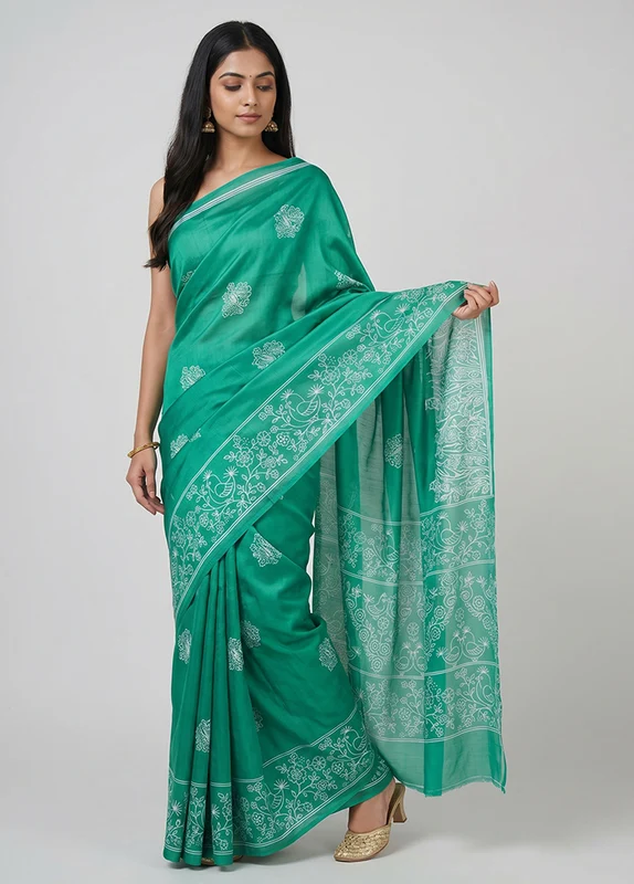Green Printed Silk Saree Without Blouse Piece One Size