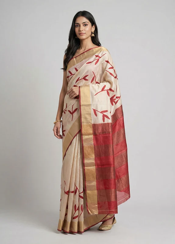 Cream Handloom Tussar Pure Silk Saree With Blouse Piece One Size